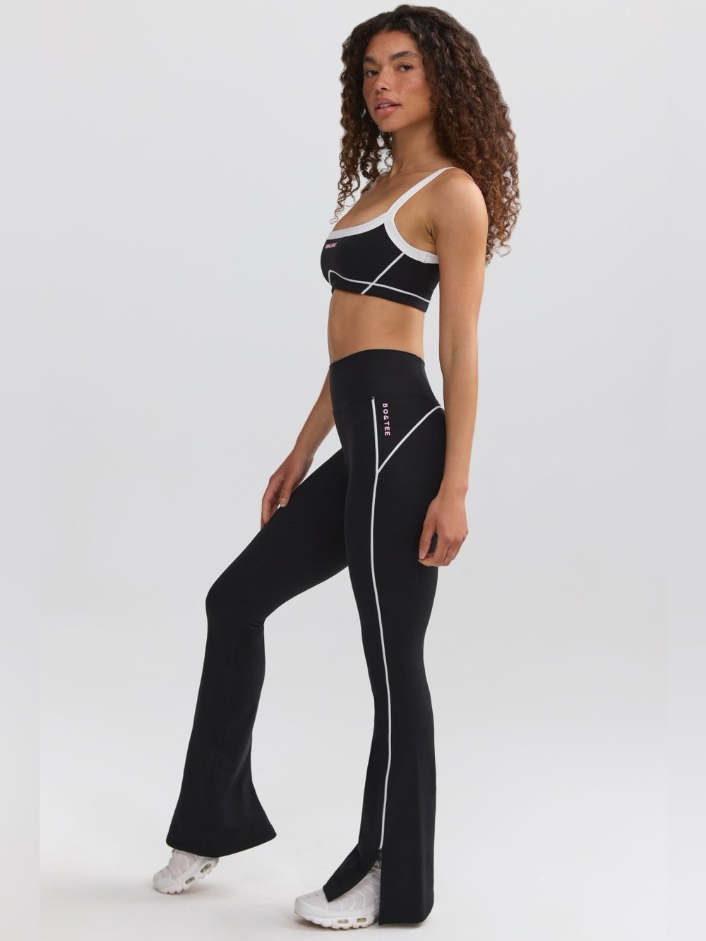 🖤🎀Bo+Tee Black Flared Active Pants with White Piping & Pink Logo XXS/Never Worn!